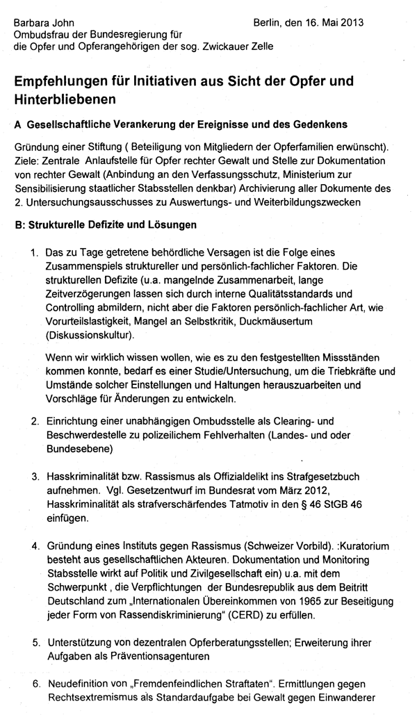 Empfehlungen für Initiativen aus Sicht der Opfer und Hinterbliebenen von Barbara John